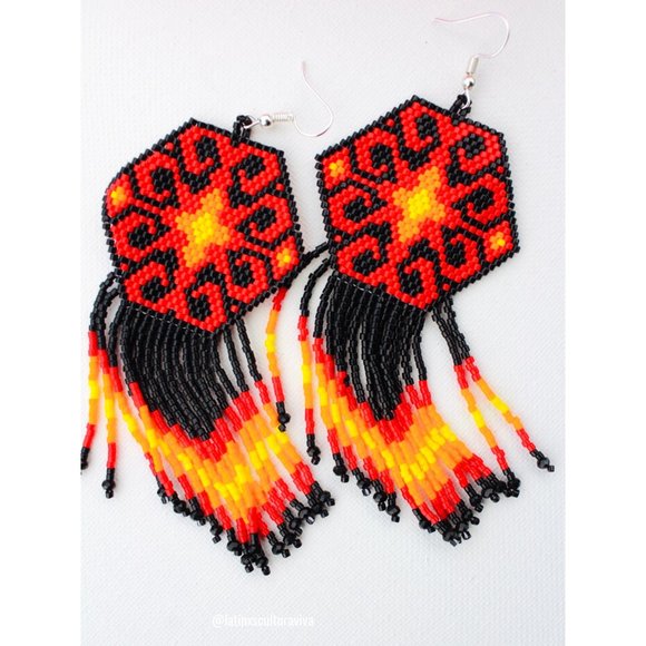 Mexican Earrings Huichol Earrings Floral Mexican Earrings, Boho Floral Earrings, - Picture 2 of 3